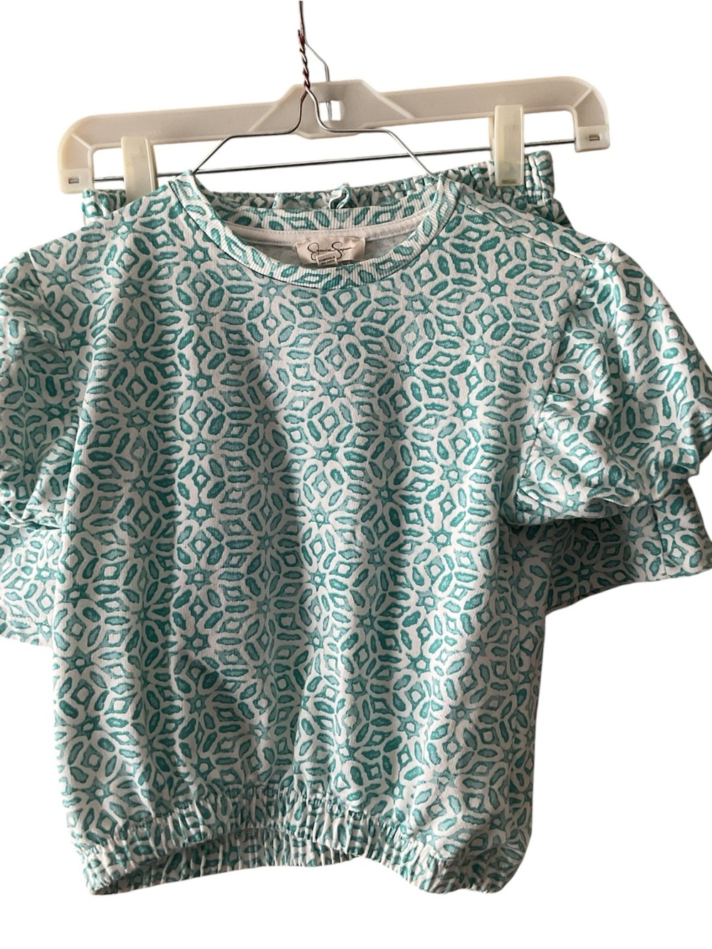 Jessica Simpson Girls' Teal Patterned Ruffle Sleeve Tee and skort
